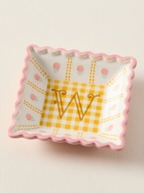 Anthropologie Monogram W Stoneware Trinket Dish Dice Holder In Pink & Yellow